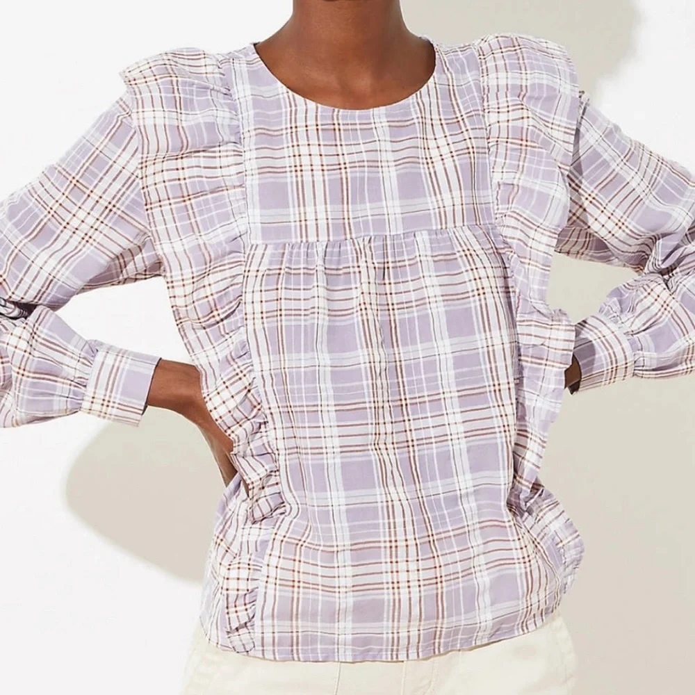 LOFT Lavender Plaid Ruffle Long Sleeve Top NEW NWT Med